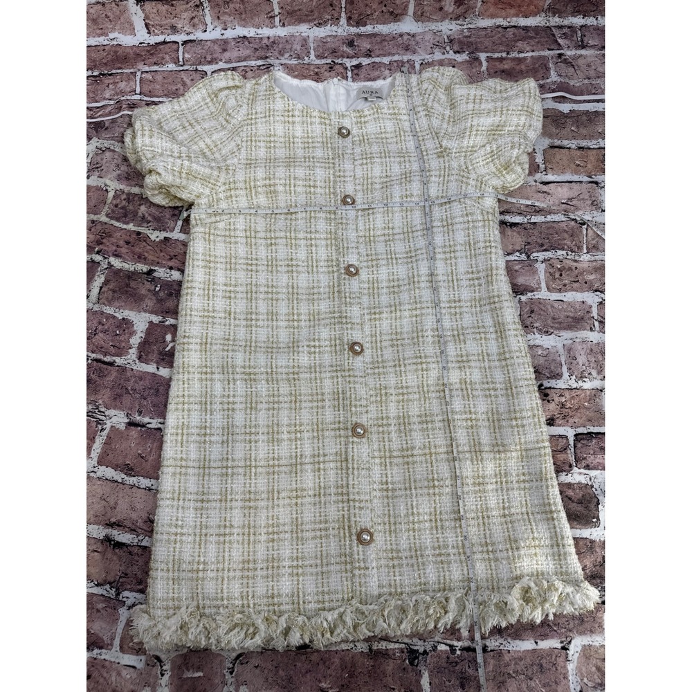 AURA Ivory Gold Metallic Tweed Puff Sleeve Mini Dress Faux Pearl M Old Money - Picture 10 of 13